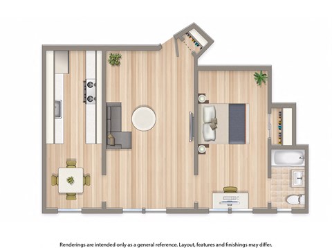 Floor plan for 1 bed, 1 bath, 527 sqft